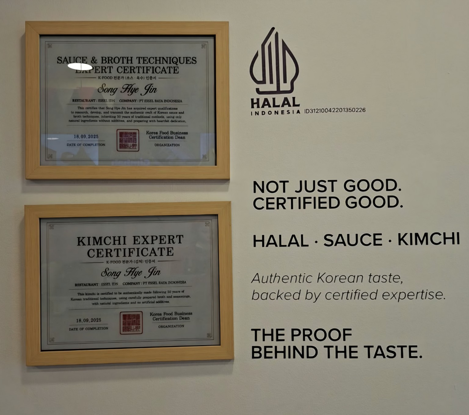 ESSEL halal and certificate proof wall